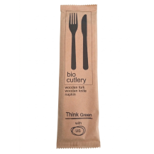 КОМПЛЕКТ ВИЛИЦА, НОЖ ДЪРВЕНИ И САЛФЕТКА В ХАРТИЕН ПЛИК х50